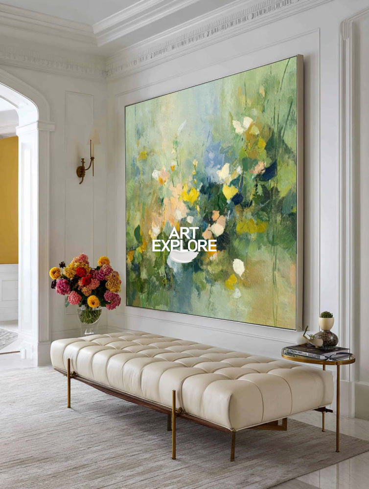 Original Green Meadow Art Print Abstract Botanical Painting For Bedroom Decor