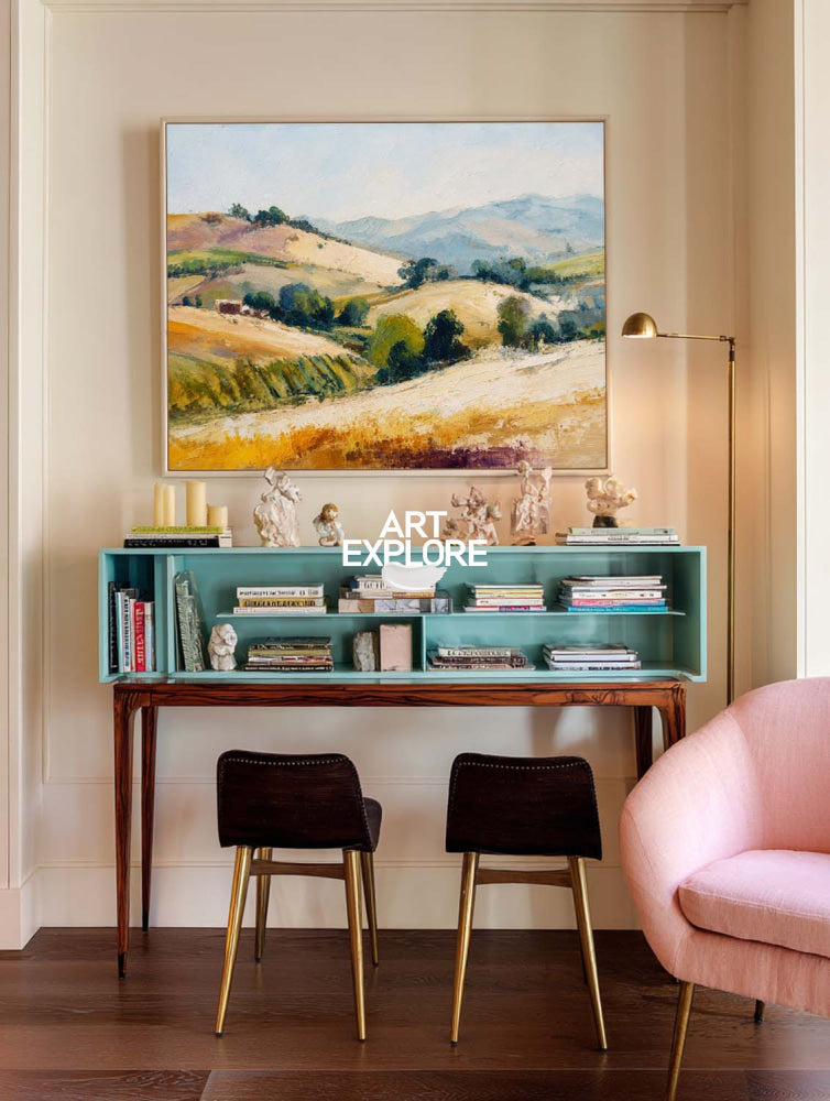 Golden Hillside Landscape Oil Painting With Textured Brushwork For Modern Living Room Decor