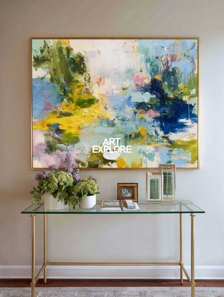 Large Abstract Impressionist Painting With Blue And Yellow Tones For Modern Living Room Decor