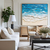Large Ocean Wave Art Painting Horizontal Canvas Blue Plaster Ocean Paintings Rich Textured Wall Art