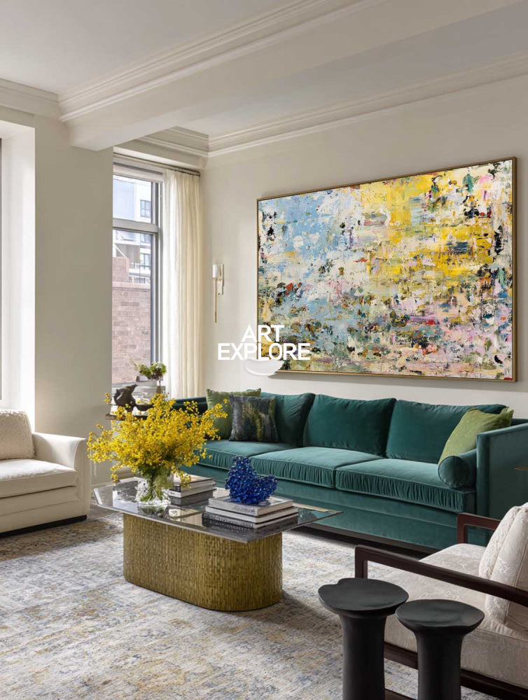 Modern Yellow And Blue Abstract Painting For Living Room Wall Art Decor