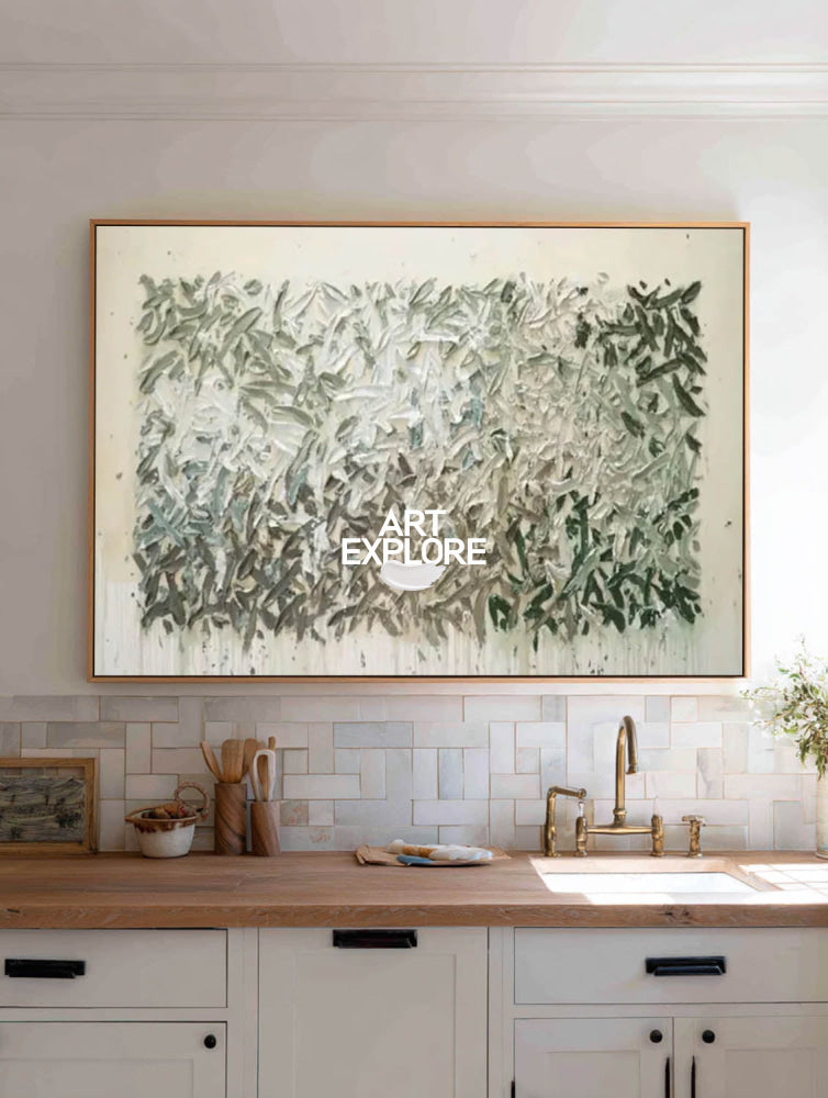 Large Green Abstract Painting With Textured Impasto For Modern Living Room Decor