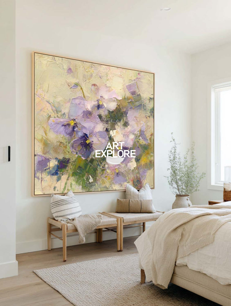 Purple Floral Textured Oil Painting Original Art For Modern Home Decor