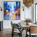 Modern Blue Urban Canvas Wall Art Rich Textured Acrylic Cityscape Canvas Art For Livingroom