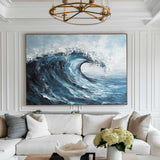 Modern Navy Blue Ocean Wave Painting Large Strokes Texture Wall Art Blue Ocean Painting For Sale