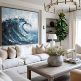 Modern Navy Blue Ocean Wave Painting Large Strokes Texture Wall Art Blue Ocean Painting For Sale
