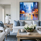 Modern Blue Urban Canvas Wall Art Rich Textured Acrylic Cityscape Canvas Art For Livingroom