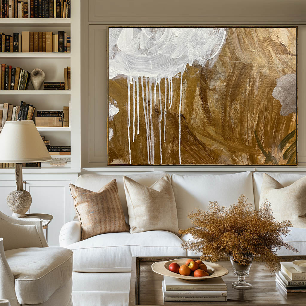 Modern Gold Canvas Wall Art Horizontal Abstract Wall Art Large Abstract Acrylic Painting For Sale