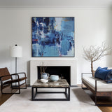 Large Blue Square Abstract Art Modern Blue Painting Abstract Framed Canvas Painting