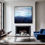 Original Extra Large Square Navy Blue Abstract Ocean Painting On Canvas
