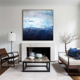 Original Extra Large Square Navy Blue Abstract Ocean Painting On Canvas