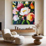 Colorful Flowers Painting Square Abstract Bauhaus Wall Art Rich Textured Canvas Art For Livingroom
