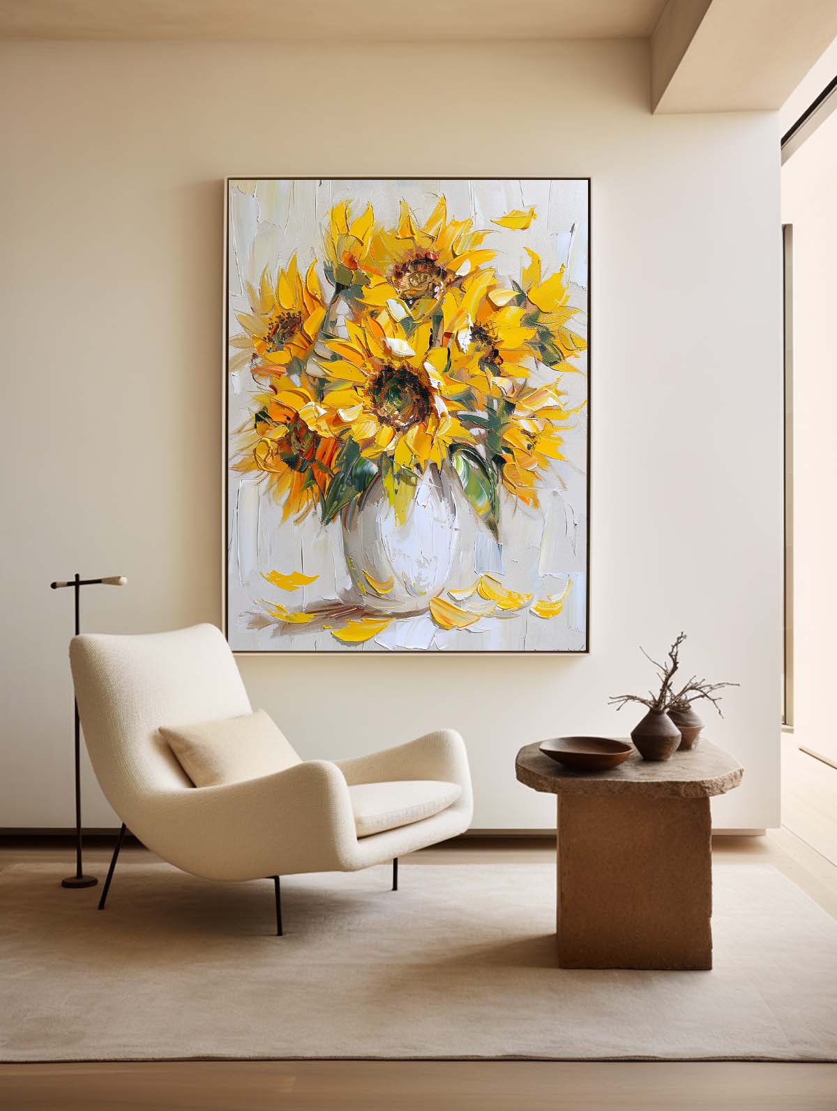 Modern Sunflowers Palette Knife Painting Rich Textured Artworks Vertical Canvas Art for Livingroom