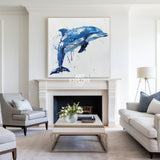 Big Blue And White Dolphin Wall Decor,Canvas Painting Of Dolphin,Cute Dolphin Painting,Blue Art Canvas For Living Room
