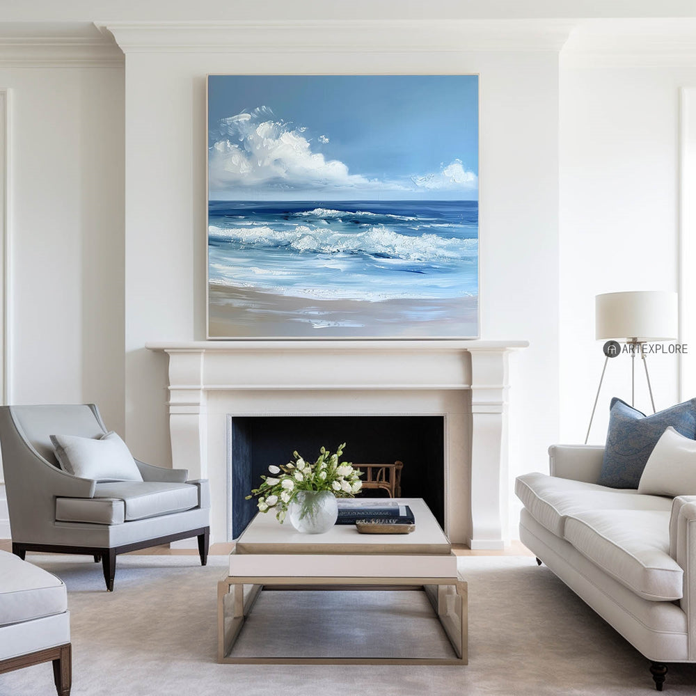 Large Abstract Blue Seaside Oil Painting Blue Acrylic Seascape Paintings Seascape Paintings On Canvas Custom Canvas Paintings