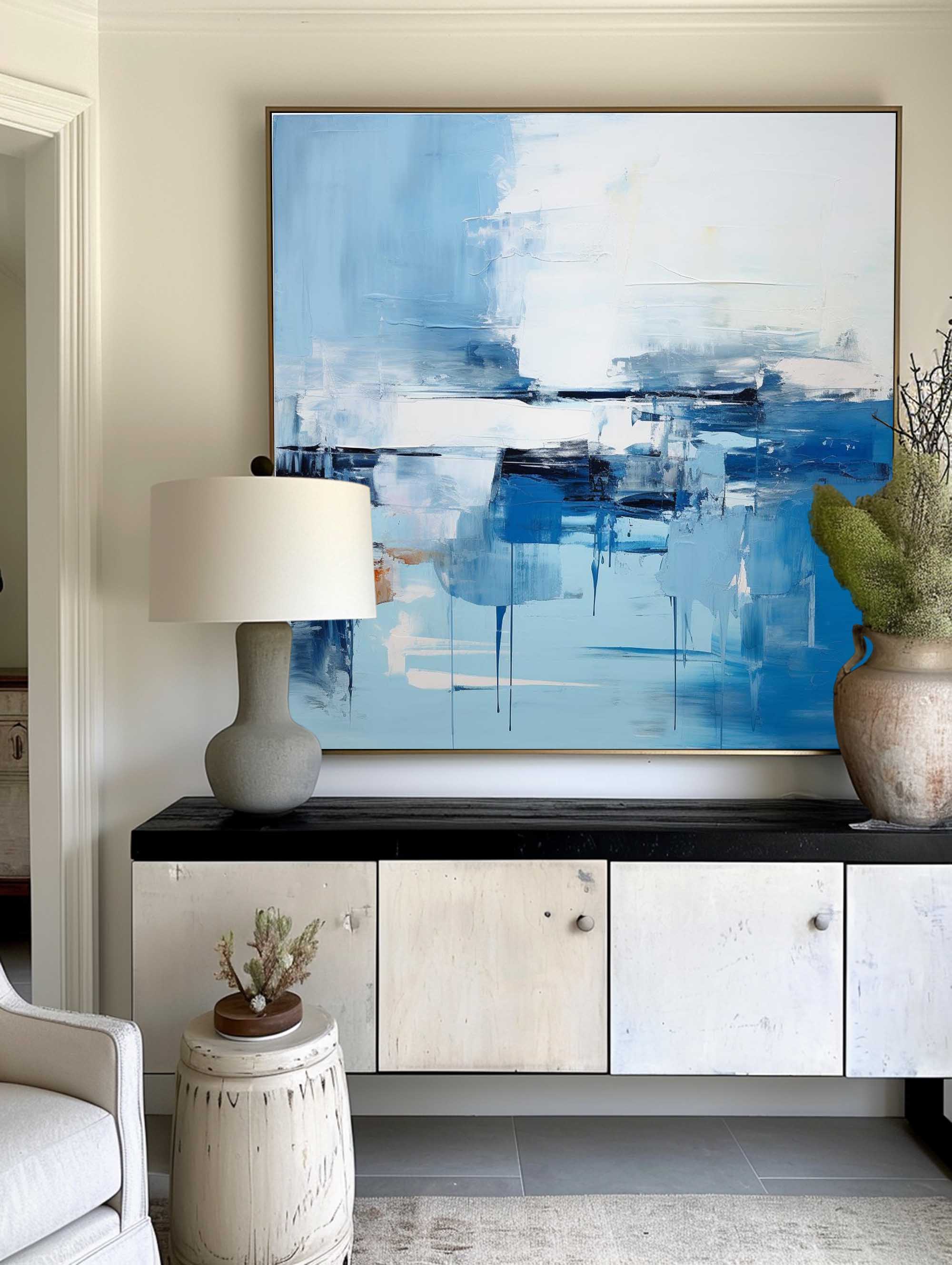 Blue and White Minimalist Abstract Art On Canvas Modern Painting Abstract Painting For livingroom