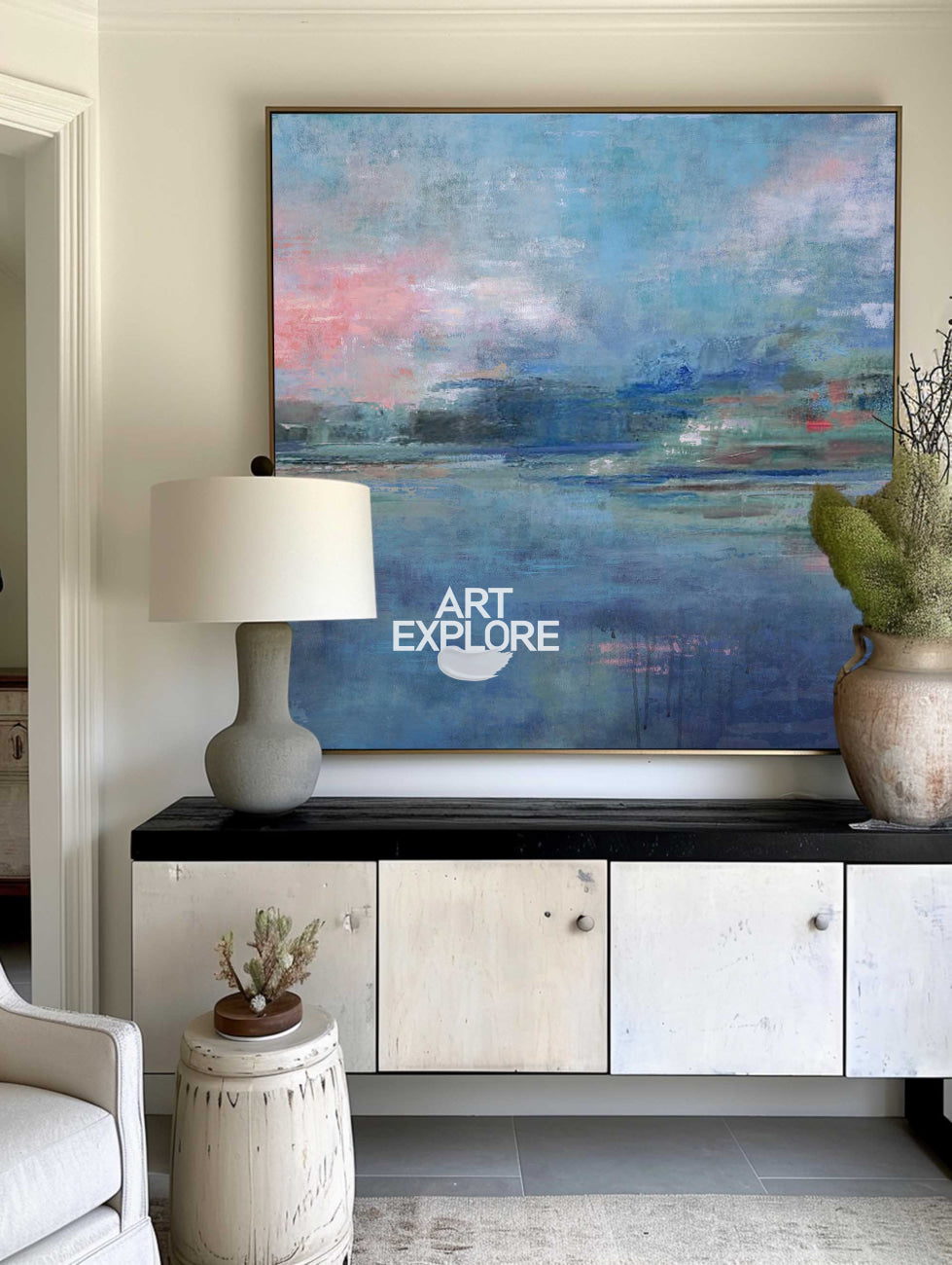 Abstract Beach Art Large Coastal Wall Art Canvas Blue Oversized Coastal Framed Art