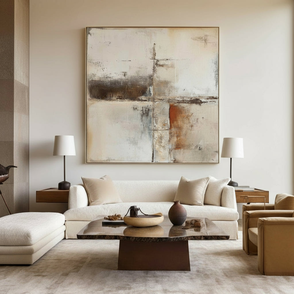 Large Beige And Brown Textured Paintings For Sale Wabi-Sabi Beige Artwork Mid Century Decorations