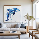 Big Blue And White Dolphin Wall Decor,Canvas Painting Of Dolphin,Cute Dolphin Painting,Blue Art Canvas For Living Room
