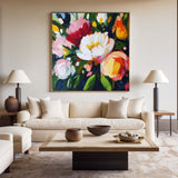 Colorful Flowers Painting Square Abstract Bauhaus Wall Art Rich Textured Canvas Art For Livingroom