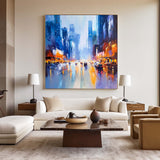 Modern Blue Urban Canvas Wall Art Rich Textured Acrylic Cityscape Canvas Art For Livingroom