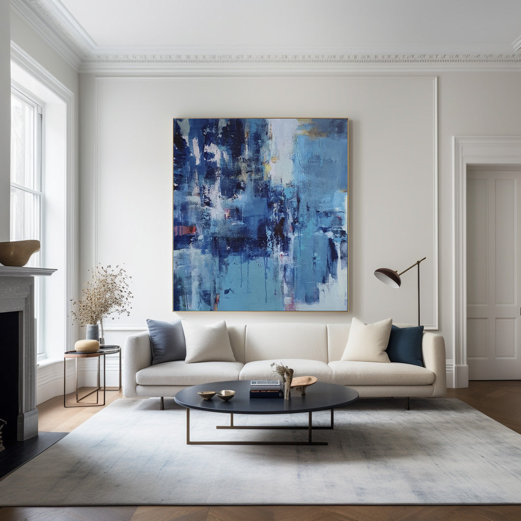 Large Blue Square Abstract Art Modern Blue Painting Abstract Framed Canvas Painting