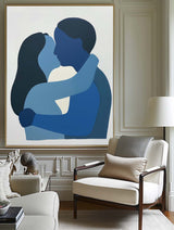 Large Loving Couple Canvas Painting Blue Minimalist Kissing Lovers Painting Modern Portrait Wall Art
