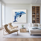 Big Blue And White Dolphin Wall Decor,Canvas Painting Of Dolphin,Cute Dolphin Painting,Blue Art Canvas For Living Room