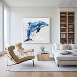 Big Blue And White Dolphin Wall Decor,Canvas Painting Of Dolphin,Cute Dolphin Painting,Blue Art Canvas For Living Room