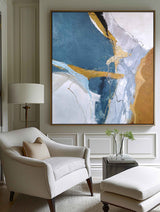Large Vertical Blue Gold Wall Art Oversized Abstract Canvas Art For Living Room