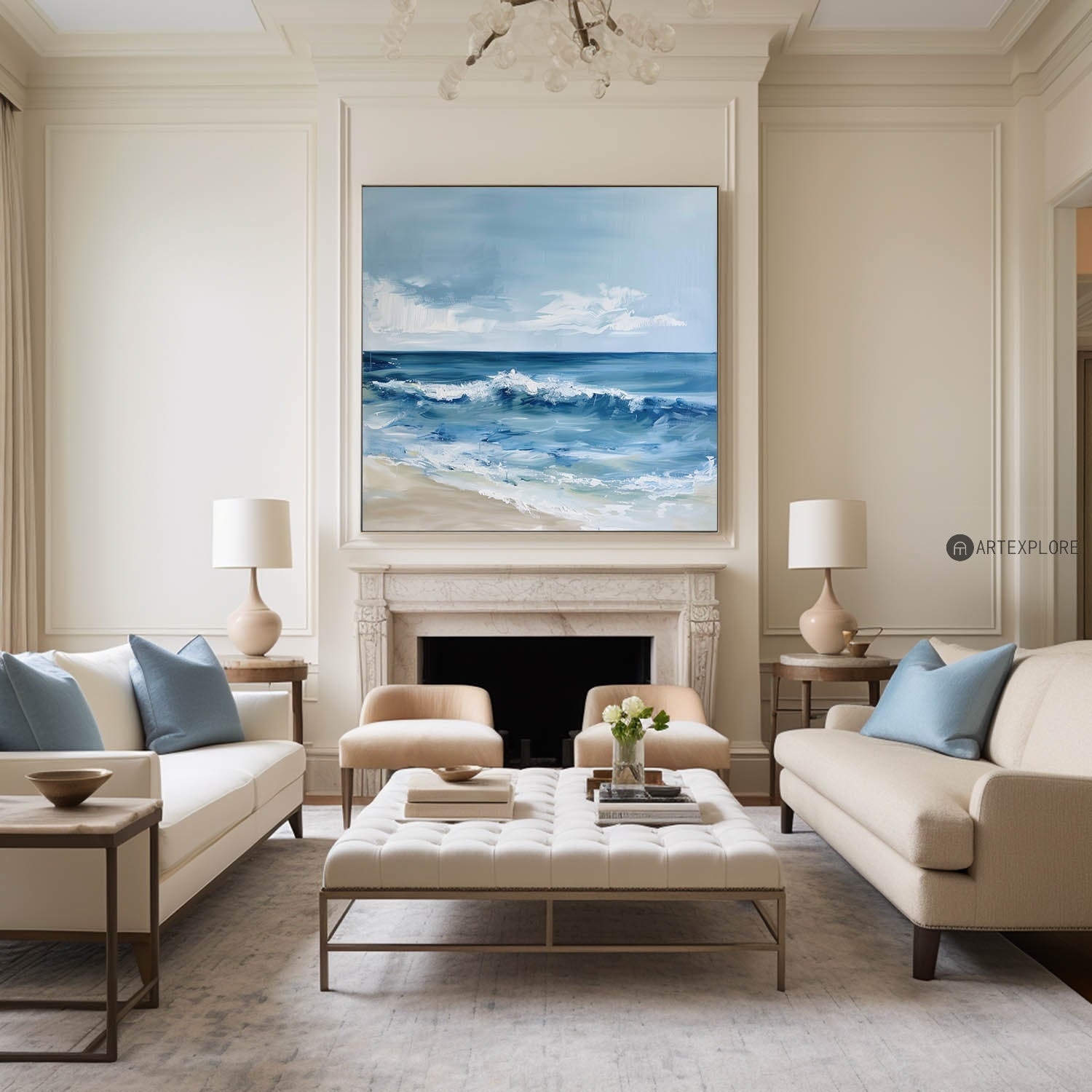Original Abstract Blue And White Ocean Painting Tropical Beach Canvas Wall Art Large Modern Seascape Paintings
