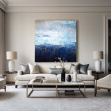 Original Extra Large Square Navy Blue Abstract Ocean Painting On Canvas