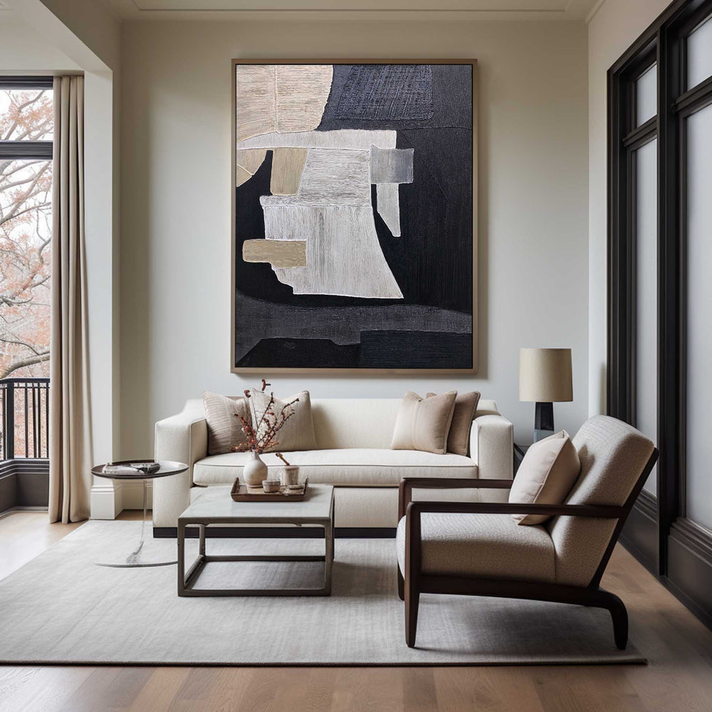 Large Black Beige Artwork Textured Abstract Wall Art Abstract Acrylic Painting Canvas Livingroom Artworks