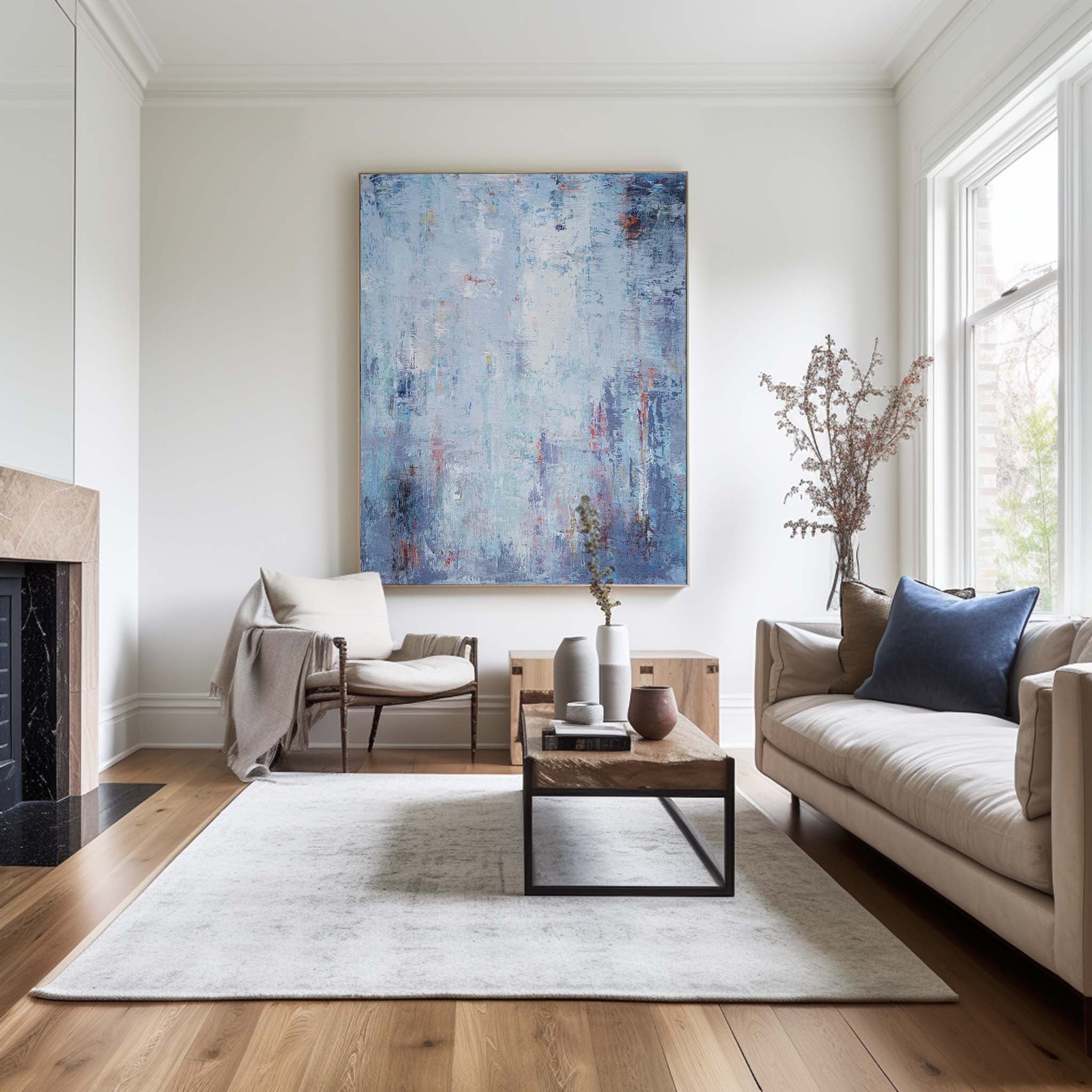 Large Light Blue Abstract Painting Original Oversized BLue And White Wall Art Canvas