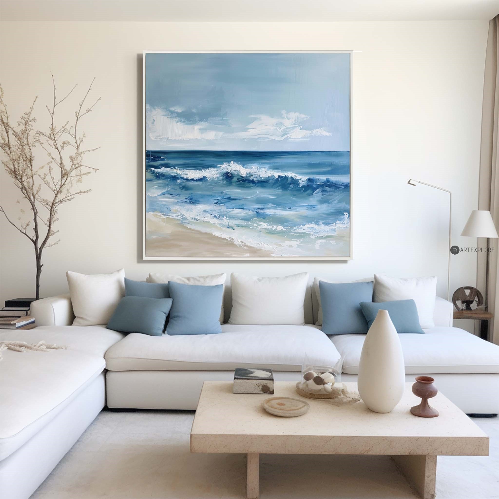 Original Abstract Blue And White Ocean Painting Tropical Beach Canvas Wall Art Large Modern Seascape Paintings