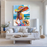 Girl On The Ocean Abstract Oil Painting, Joyful Woman At A Hawaiian Beach Art, Unique Colorful Art