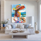 Girl On The Ocean Abstract Oil Painting, Joyful Woman At A Hawaiian Beach Art, Unique Colorful Art