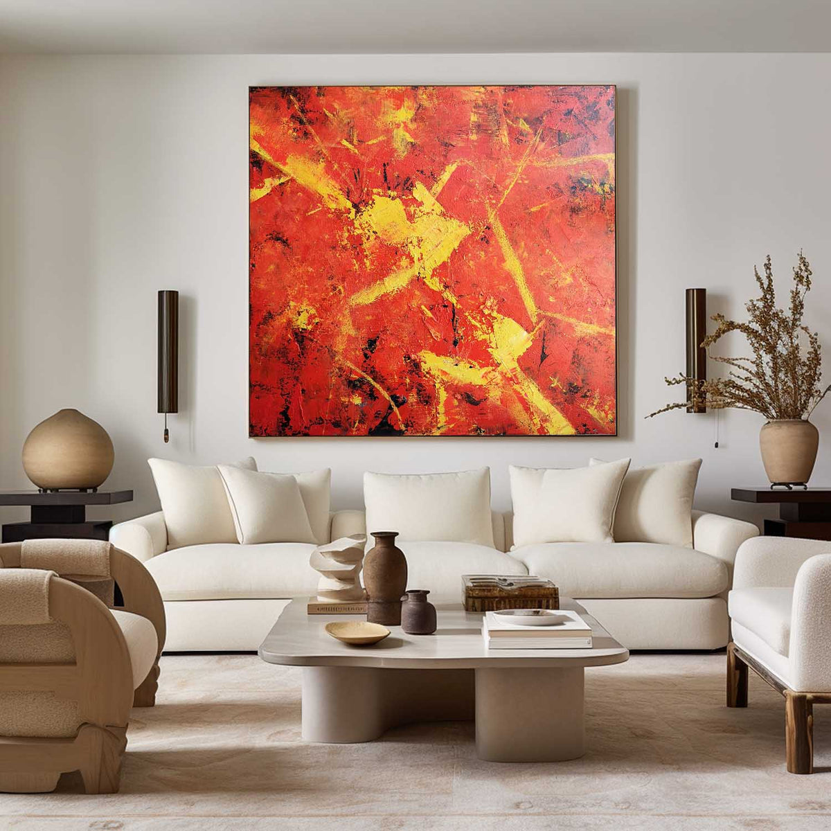 Textured Red Canvas Wall Art Red Square Painting Modern Bauhaus Art Large Painting For Livingroom