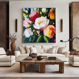 Colorful Flowers Painting Square Abstract Bauhaus Wall Art Rich Textured Canvas Art For Livingroom