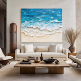 Large Ocean Wave Art Painting Horizontal Canvas Blue Plaster Ocean Paintings Rich Textured Wall Art