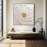 3D White Flower Painting Minimalist Plaster Art On Canvas Modern Flower Painting For livingroom