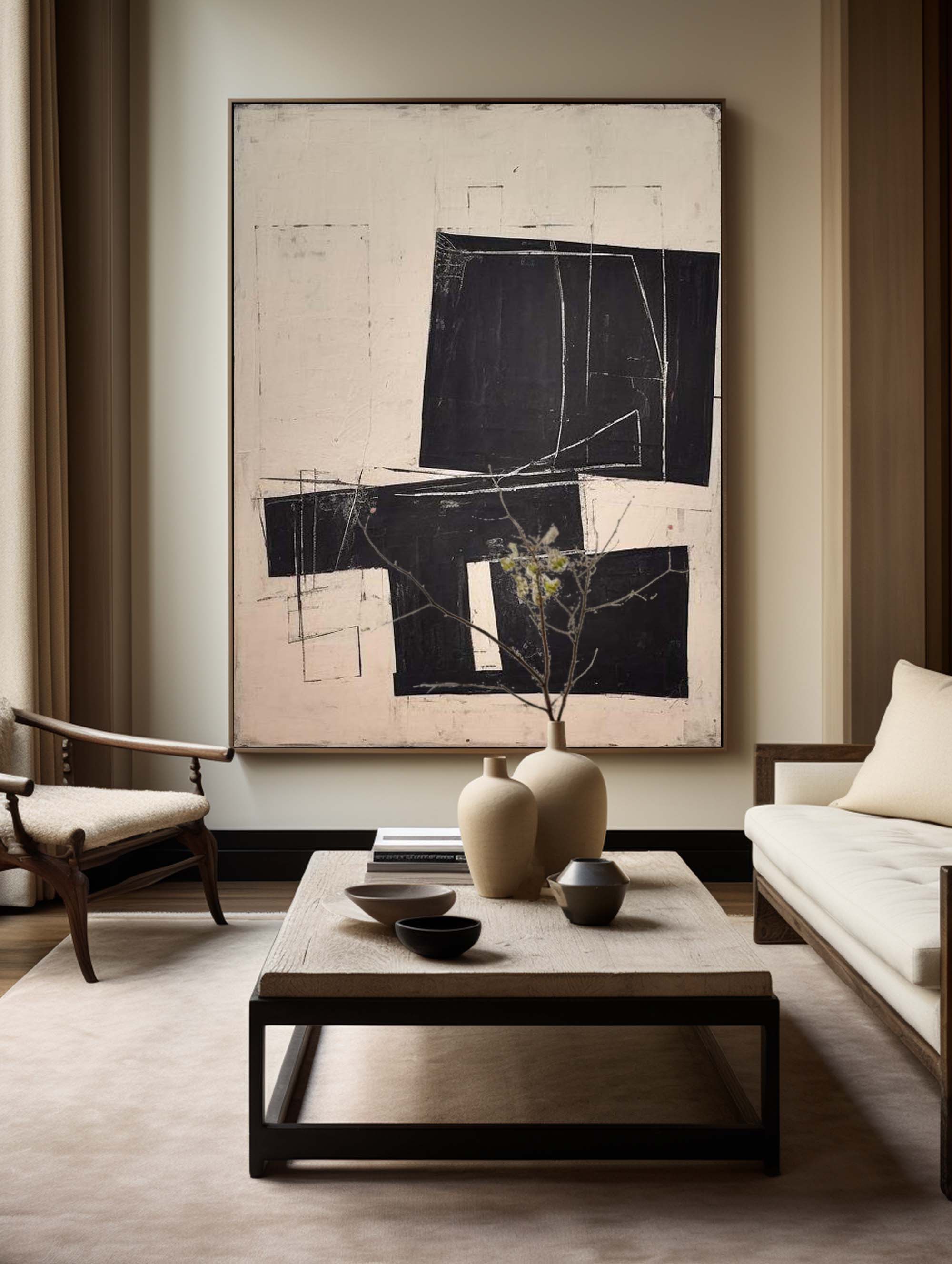 Modern Black And White Abstract Canvas Wall Art Earth Tone Minimalist Art Minimalist Painting