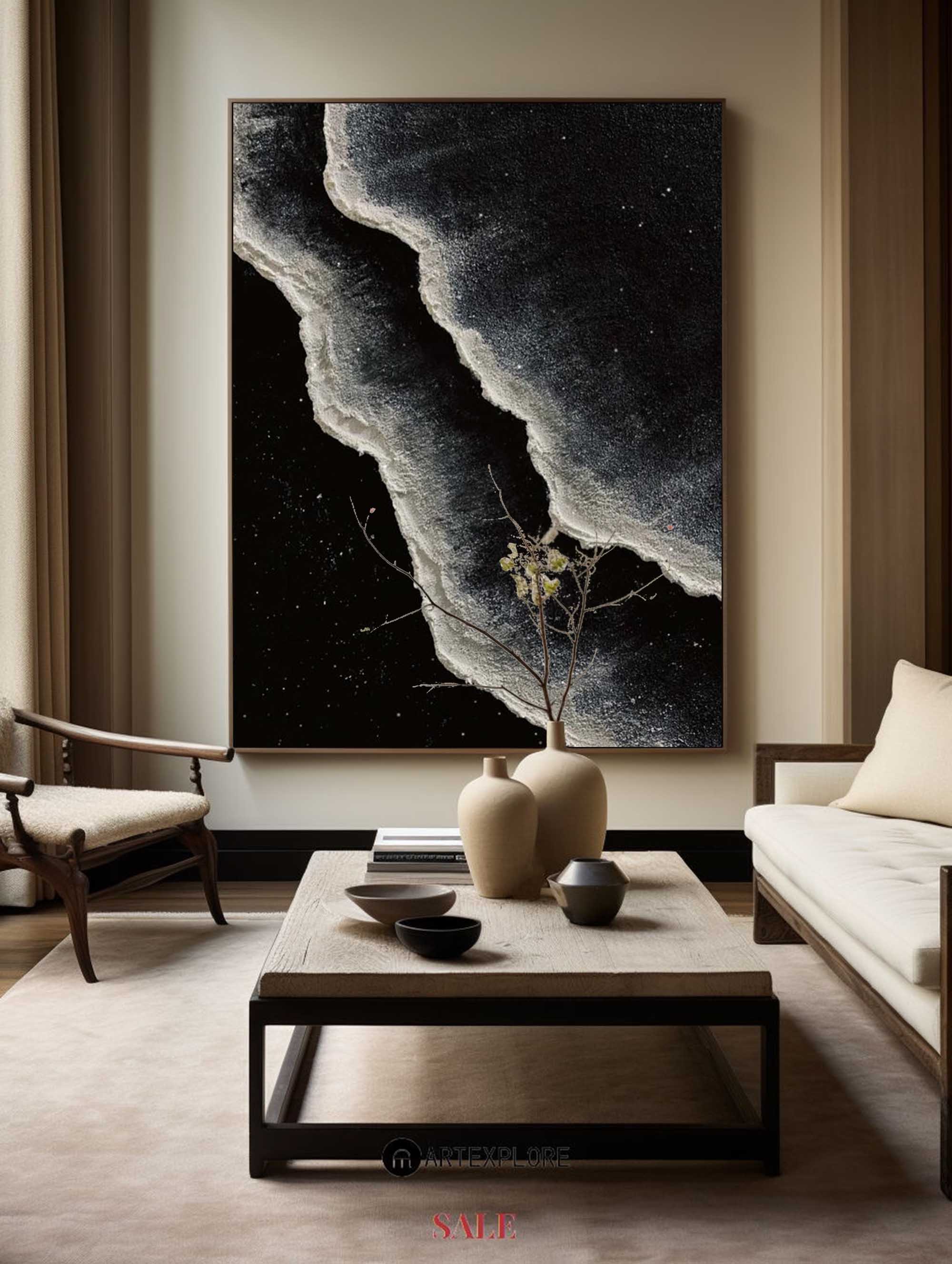 Black And White Wave Painting On Canvas Black Sea Wall Art Painting Plaster Textured Art Painting