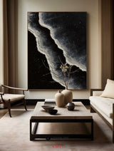 Black And White Wave Painting On Canvas Black Sea Wall Art Painting Plaster Textured Art Painting
