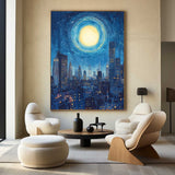 City Night View Canvas Art Blue Vertical Wall Art Modern Cityscape Canvas Art For Livingroom