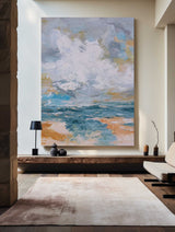 Vertical Modern Beach Canvas Painting Abstract Ocean Painting Large Beach Artwork For Living Room