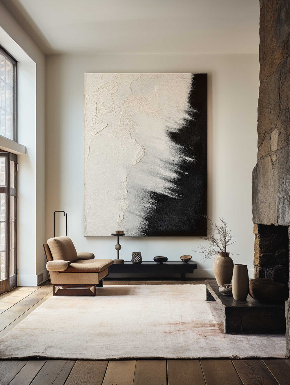 Minimalsit Painting Black and Beige Seashore Wall Art Rich Textured Art Painting For Sale