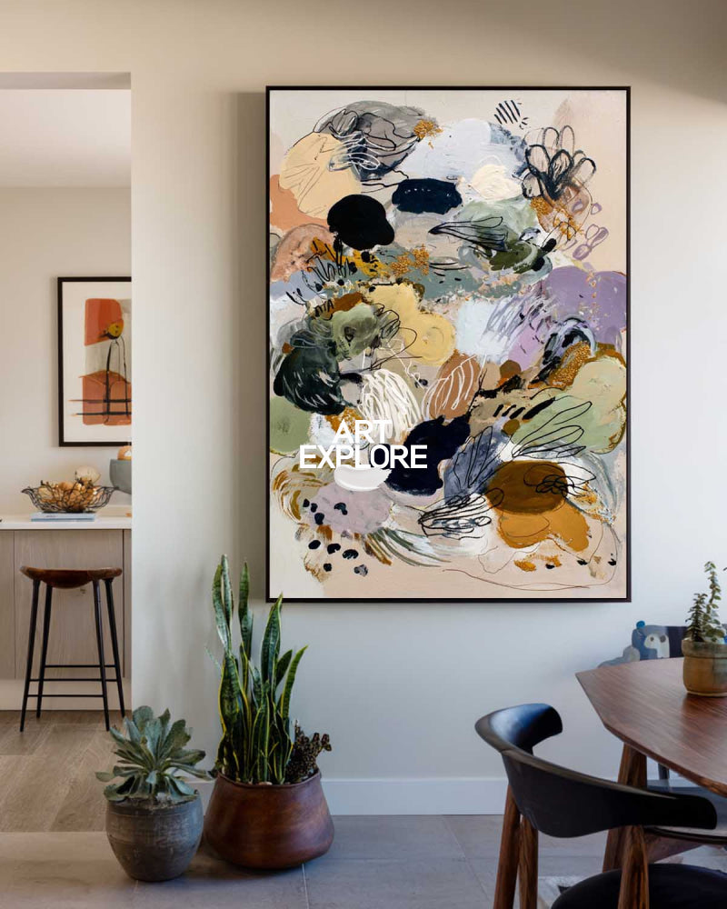 Handmade Textured Abstract Art On Linen Canvas With Earthy Tones And Black Details