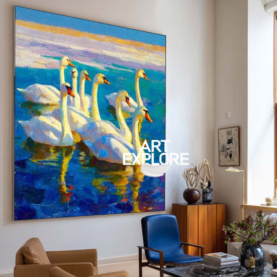 Original Textured Oil Painting Of Swans On Blue Water For Living Room Decor