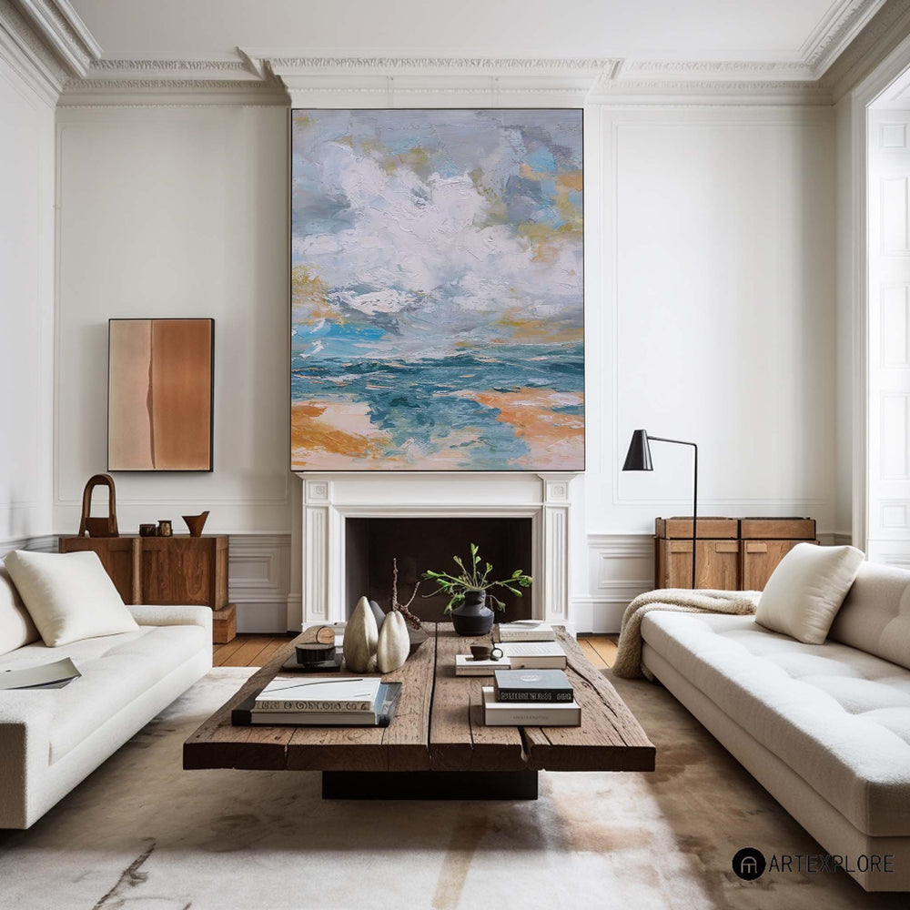 Vertical Modern Beach Canvas Painting Abstract Ocean Painting Large Beach Artwork For Living Room